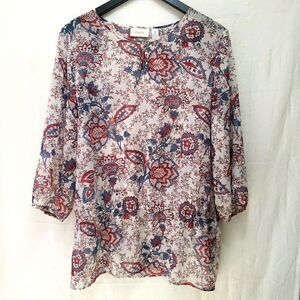 CHICOS Women's Tunic 2 Large Sheer Floral Keyhole Neckline Elastic Drop Waist